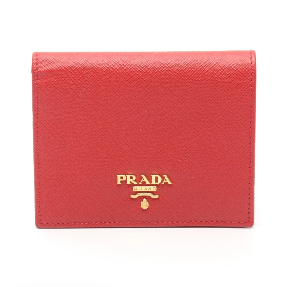 Prada Saffiano Bifold Wallet Red Leather Gold Logo Heart Print Authentic Y2K